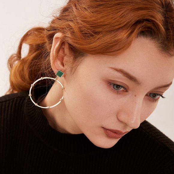 14K Gold Plated Brass Green Malachite Earrings - Picture 6 of 12